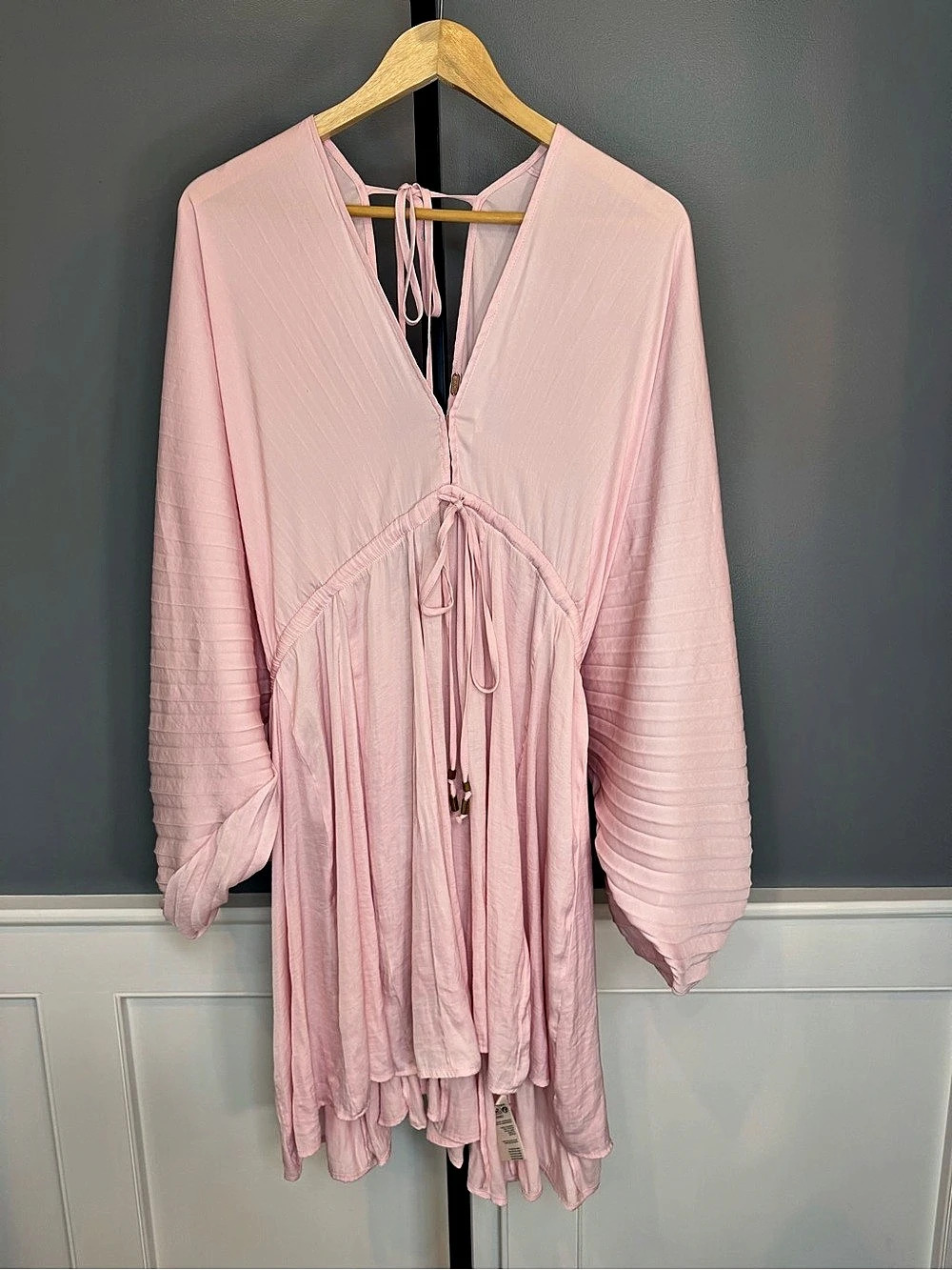 Free People Arzel Mini Dress Large Blush Pink Pleated Balloon Sleeve Boho